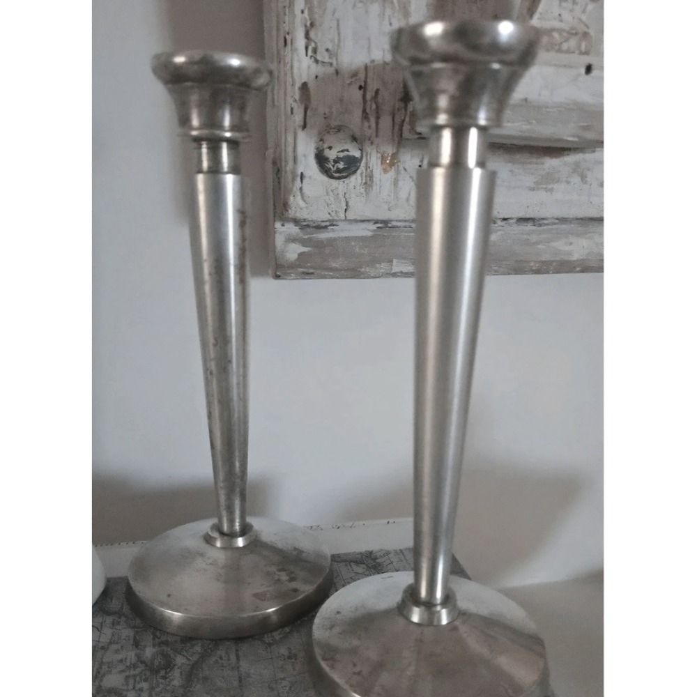 Pottery Barn Silver Metal Taper Candle Holders Set 2 Modern Minimalist Decor